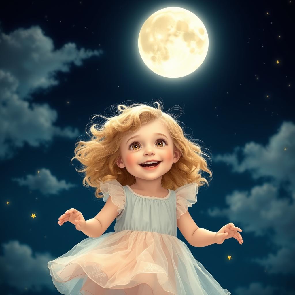 A magical scene showcasing a 5-year-old girl with hazel eyes and blonde curly hair, joyfully playing under a glowing full moon