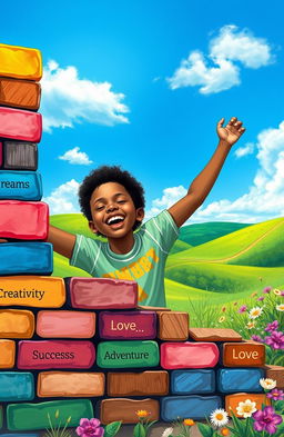 A vibrant and inspirational scene depicting a young dreamer on their journey, surrounded by colorful bricks symbolizing their dreams