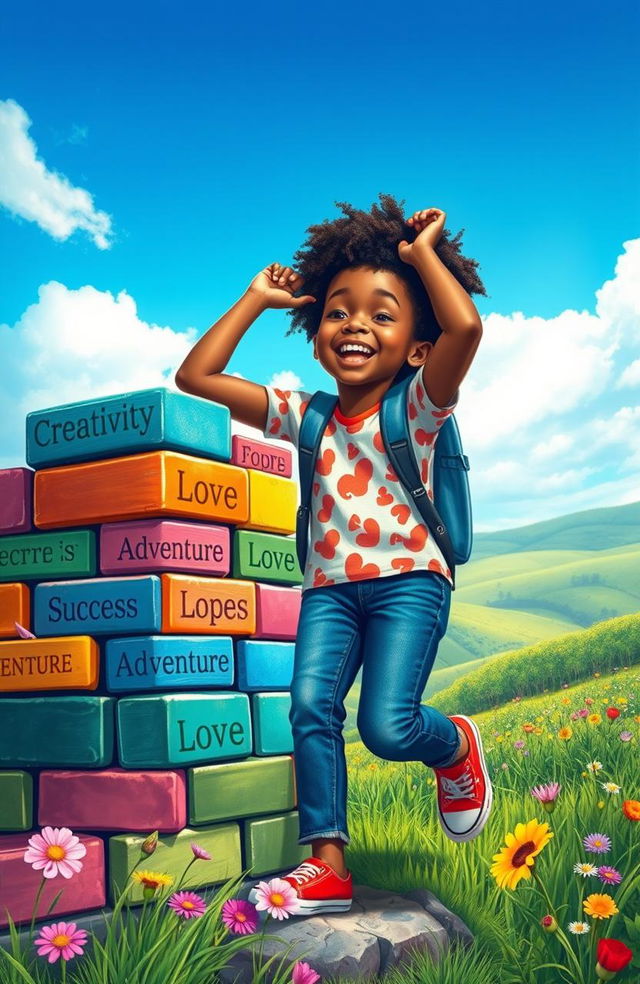 A vibrant and inspirational scene depicting a young dreamer on their journey, surrounded by colorful bricks symbolizing their dreams