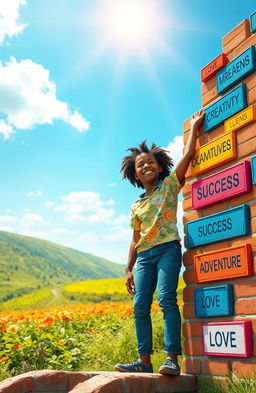 A vibrant and inspirational scene depicting a young dreamer on their journey, surrounded by colorful bricks symbolizing their dreams