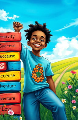 A vibrant and inspirational scene depicting a young dreamer on their journey, surrounded by colorful bricks symbolizing their dreams