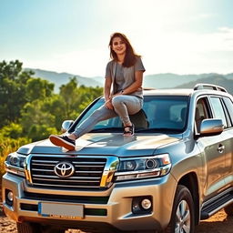 A person sitting confidently on the front hood of a Land Cruiser car, showcasing a vibrant outdoor setting