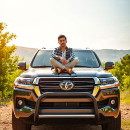 A person sitting confidently on the front hood of a Land Cruiser car, showcasing a vibrant outdoor setting