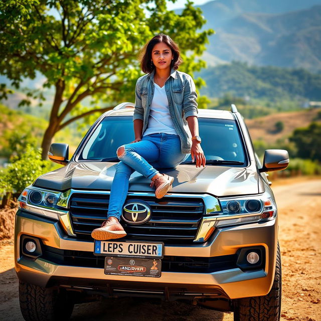 A person sitting confidently on the front hood of a Land Cruiser car, showcasing a vibrant outdoor setting