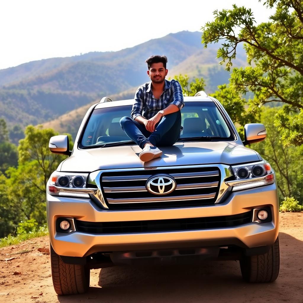 A person sitting confidently on the front hood of a Land Cruiser car, showcasing a vibrant outdoor setting