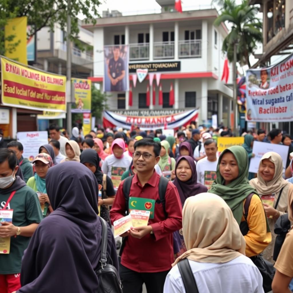 A thought-provoking scene in an Indonesian urban setting, depicting a bustling community event with volunteers engaged in various charitable activities