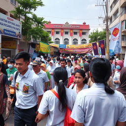 A thought-provoking scene in an Indonesian urban setting, depicting a bustling community event with volunteers engaged in various charitable activities