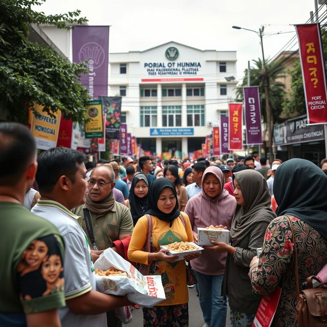 A thought-provoking scene in an Indonesian urban setting, depicting a bustling community event with volunteers engaged in various charitable activities