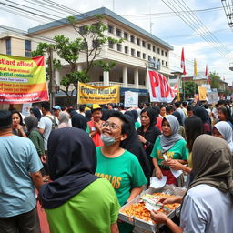 A thought-provoking scene in an Indonesian urban setting, depicting a bustling community event with volunteers engaged in various charitable activities