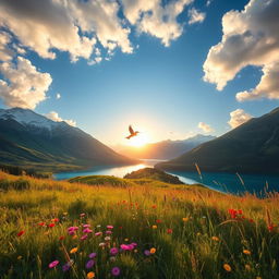 A breathtaking landscape showcasing the most beautiful view of nature: a pristine mountain range with snow-capped peaks, lush green valleys filled with vibrant wildflowers, and a crystal-clear lake reflecting the sky