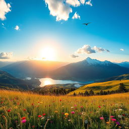 A breathtaking landscape showcasing the most beautiful view of nature: a pristine mountain range with snow-capped peaks, lush green valleys filled with vibrant wildflowers, and a crystal-clear lake reflecting the sky