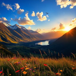 A breathtaking landscape showcasing the most beautiful view of nature: a pristine mountain range with snow-capped peaks, lush green valleys filled with vibrant wildflowers, and a crystal-clear lake reflecting the sky