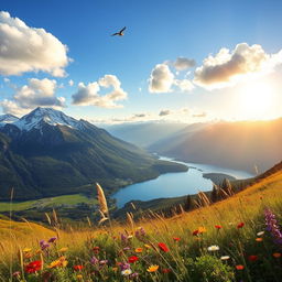 A breathtaking landscape showcasing the most beautiful view of nature: a pristine mountain range with snow-capped peaks, lush green valleys filled with vibrant wildflowers, and a crystal-clear lake reflecting the sky