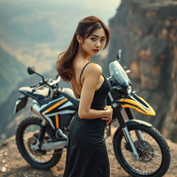 A beautiful Korean woman striking an elegant and attractive pose, standing sideways in a full-body view next to a trail motorcycle on a cliff, glancing towards the camera with a captivating expression