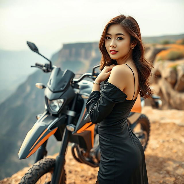 A beautiful Korean woman striking an elegant and attractive pose, standing sideways in a full-body view next to a trail motorcycle on a cliff, glancing towards the camera with a captivating expression