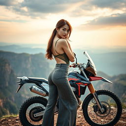 A beautiful Korean woman striking an elegant and attractive pose, standing sideways in a full-body view next to a trail motorcycle on a cliff, glancing towards the camera with a captivating expression