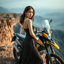 A beautiful Korean woman striking an elegant and attractive pose, standing sideways in a full-body view next to a trail motorcycle on a cliff, glancing towards the camera with a captivating expression