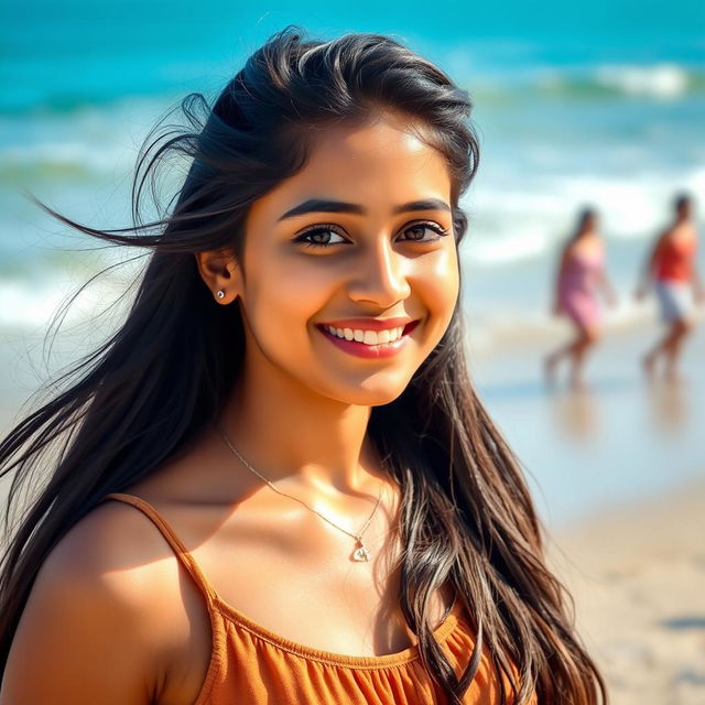 A portrait of a beautiful Goan girl named Rushita Naik, aged around 18, with long flowing dark hair and a confident smile