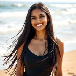 A portrait of a beautiful Goan girl named Rushita Naik, aged around 18, with long flowing dark hair and a confident smile