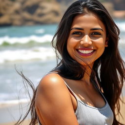 A portrait of a beautiful Goan girl named Rushita Naik, aged around 18, with long flowing dark hair and a confident smile