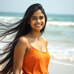 A portrait of a beautiful Goan girl named Rushita Naik, aged around 18, with long flowing dark hair and a confident smile