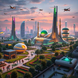 A futuristic vision of Iran, showcasing advanced architecture blending traditional Iranian designs with modern technology
