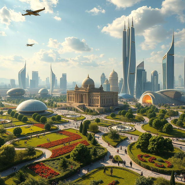 A futuristic vision of Iran, showcasing advanced architecture blending traditional Iranian designs with modern technology