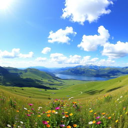 A breathtaking panoramic view of a pristine natural landscape, showcasing rolling green hills under a brilliant blue sky with fluffy white clouds