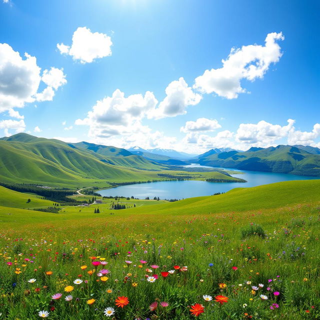 A breathtaking panoramic view of a pristine natural landscape, showcasing rolling green hills under a brilliant blue sky with fluffy white clouds