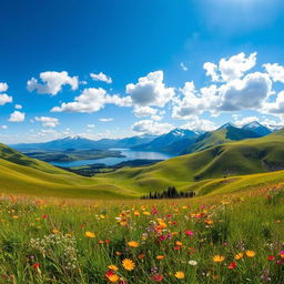 A breathtaking panoramic view of a pristine natural landscape, showcasing rolling green hills under a brilliant blue sky with fluffy white clouds