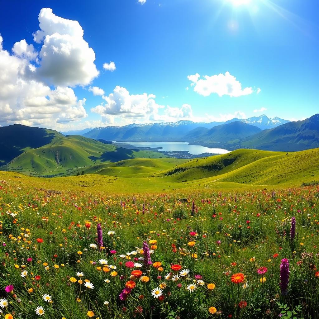 A breathtaking panoramic view of a pristine natural landscape, showcasing rolling green hills under a brilliant blue sky with fluffy white clouds