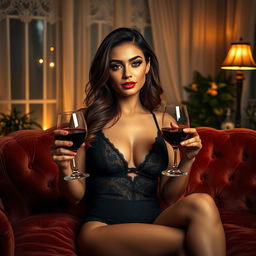 A seductive brunette woman wearing elegant black lingerie, relaxing on a plush velvet couch, surrounded by soft, golden ambient lighting