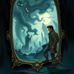 A book cover illustration for a novel about a man traveling through mirrors into a dark and mysterious world