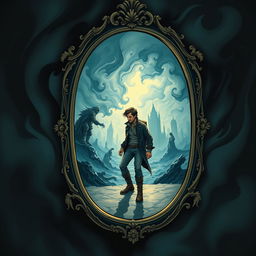 A book cover illustration for a novel about a man traveling through mirrors into a dark and mysterious world