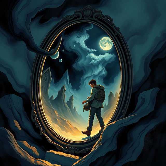 A book cover illustration for a novel about a man traveling through mirrors into a dark and mysterious world