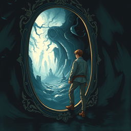 A book cover illustration for a novel about a man traveling through mirrors into a dark and mysterious world