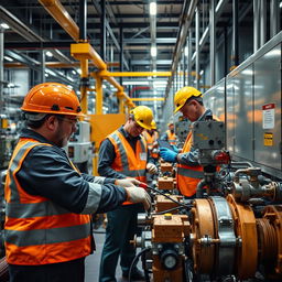 A high-quality image of a modern chemical factory showcasing workers diligently implementing safety systems such as Lockout Tagout (LOTO)