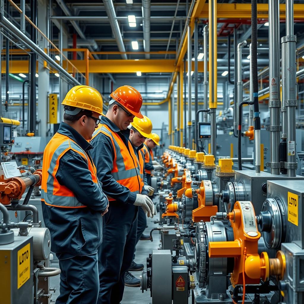A high-quality image of a modern chemical factory showcasing workers diligently implementing safety systems such as Lockout Tagout (LOTO)