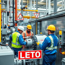 A high-quality image of a modern chemical factory showcasing workers diligently implementing safety systems such as Lockout Tagout (LOTO)