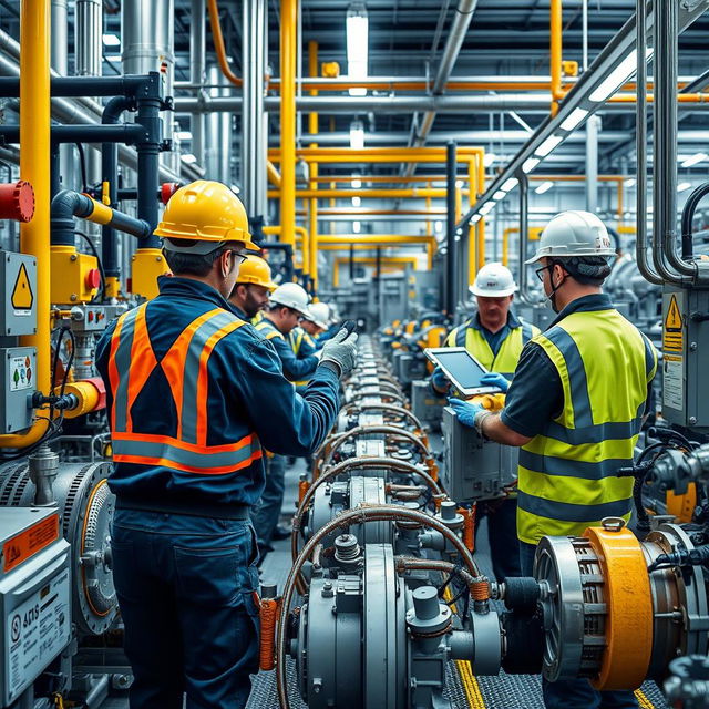 A high-quality image of a modern chemical factory showcasing workers diligently implementing safety systems such as Lockout Tagout (LOTO)