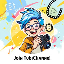 A vibrant and engaging YouTube profile picture featuring a stylized character of an upbeat young adult with bright blue hair and trendy glasses