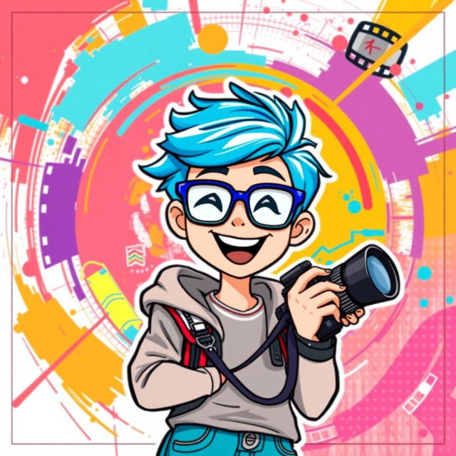 A vibrant and engaging YouTube profile picture featuring a stylized character of an upbeat young adult with bright blue hair and trendy glasses