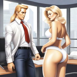 A high-quality digital art image depicts an attractive blonde woman with long, golden hair and curvaceous figure