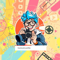 A vibrant and engaging YouTube profile picture featuring a stylized character of an upbeat young adult with bright blue hair and trendy glasses
