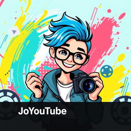 A vibrant and engaging YouTube profile picture featuring a stylized character of an upbeat young adult with bright blue hair and trendy glasses