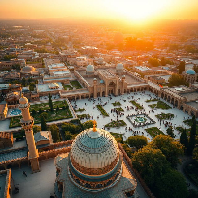 A breathtaking view of Isfahan, Iran, showcasing the rich architectural heritage with the iconic Sheikh Lotfallah Mosque in the foreground, intricate tilework and domes visible, the beautiful Naqsh-e Jahan Square bustling with visitors, surrounded by lush gardens and fountains, traditional Persian architecture, warm golden sunset light casting a magical glow over the scene