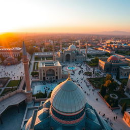 A breathtaking view of Isfahan, Iran, showcasing the rich architectural heritage with the iconic Sheikh Lotfallah Mosque in the foreground, intricate tilework and domes visible, the beautiful Naqsh-e Jahan Square bustling with visitors, surrounded by lush gardens and fountains, traditional Persian architecture, warm golden sunset light casting a magical glow over the scene