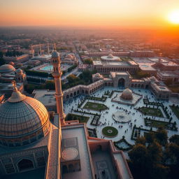 A breathtaking view of Isfahan, Iran, showcasing the rich architectural heritage with the iconic Sheikh Lotfallah Mosque in the foreground, intricate tilework and domes visible, the beautiful Naqsh-e Jahan Square bustling with visitors, surrounded by lush gardens and fountains, traditional Persian architecture, warm golden sunset light casting a magical glow over the scene