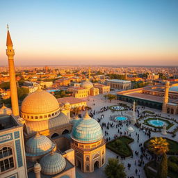A breathtaking view of Isfahan, Iran, showcasing the rich architectural heritage with the iconic Sheikh Lotfallah Mosque in the foreground, intricate tilework and domes visible, the beautiful Naqsh-e Jahan Square bustling with visitors, surrounded by lush gardens and fountains, traditional Persian architecture, warm golden sunset light casting a magical glow over the scene