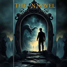 A book cover for a novel featuring a man stepping through a large, ornate mirror into a dark and mysterious world